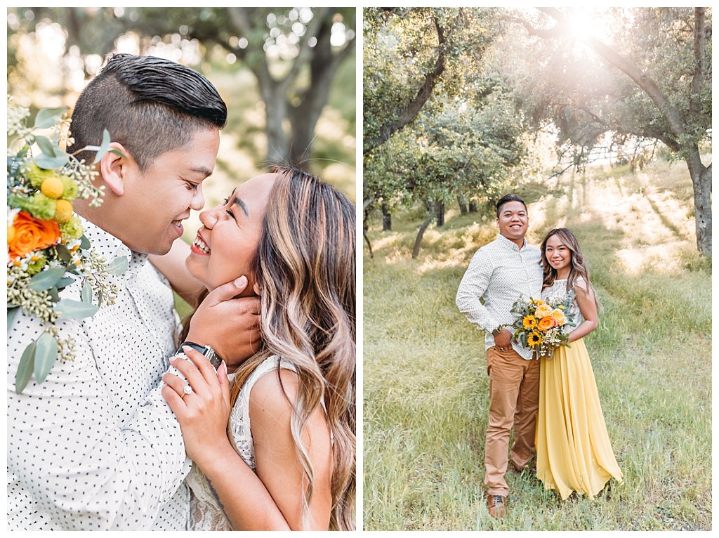 thousand oaks engagement, picnic engagement, in the woods, los angeles photographer, santa barbara photographer, couple in love, long yellow flowy dress, spring engagement photo session