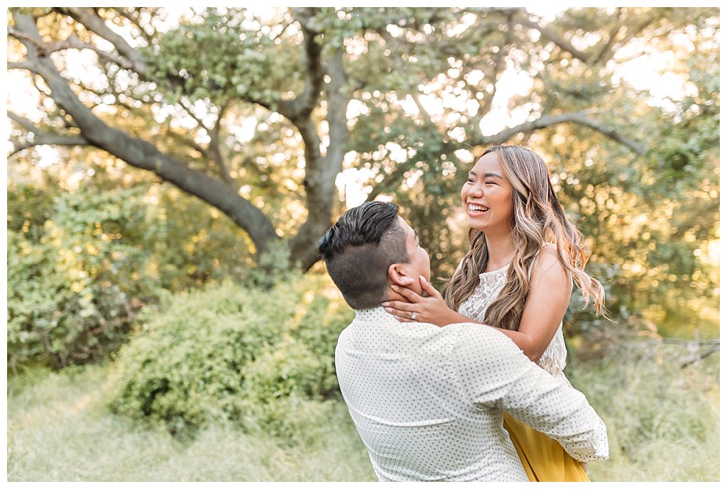 los angeles engagement places; engagement outfits; gorgeous engagement session; thousand oaks engagement, picnic engagement, in the woods, los angeles photographer, santa barbara photographer, couple in love, long yellow flowy dress, spring engagement photo session, happy couple