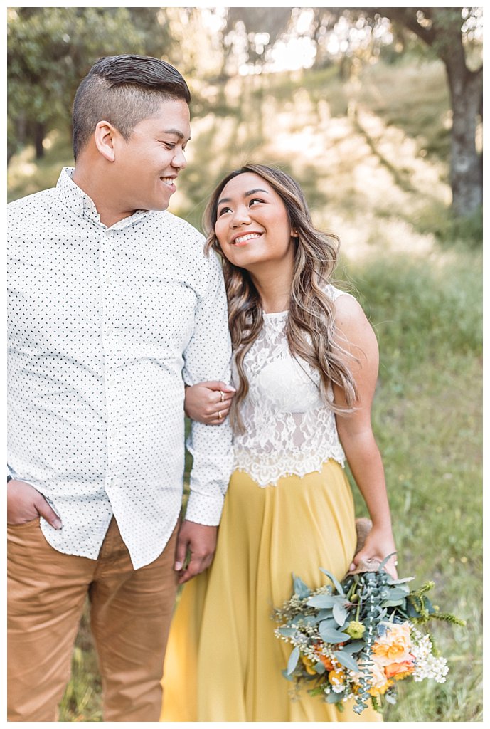 los angeles engagement places; engagement outfits; gorgeous engagement session; thousand oaks engagement, picnic engagement, in the woods, los angeles photographer, santa barbara photographer, couple in love, long yellow flowy dress, spring engagement photo session