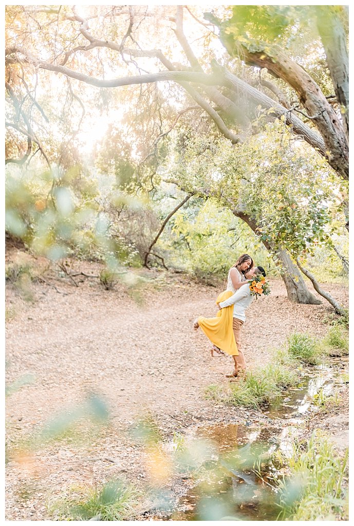 thousand oaks engagement, picnic engagement, in the woods, los angeles photographer, santa barbara photographer, couple in love, long yellow flowy dress, spring engagement photo session; couple by the creek