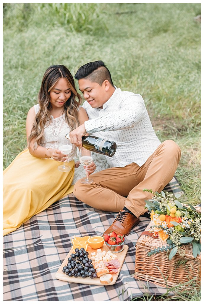thousand oaks engagement, picnic engagement, in the woods, los angeles photographer, santa barbara photographer, couple in love, long yellow flowy dress, spring engagement photo session
