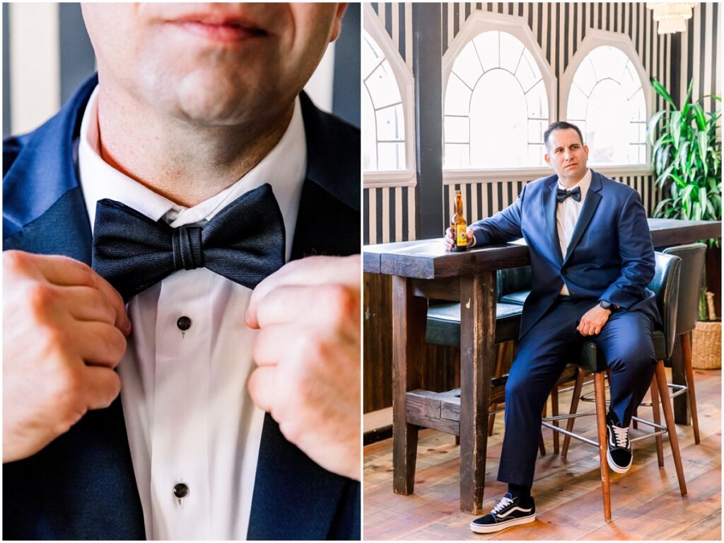 groom at the bar with a drink, groom fixing bowtie