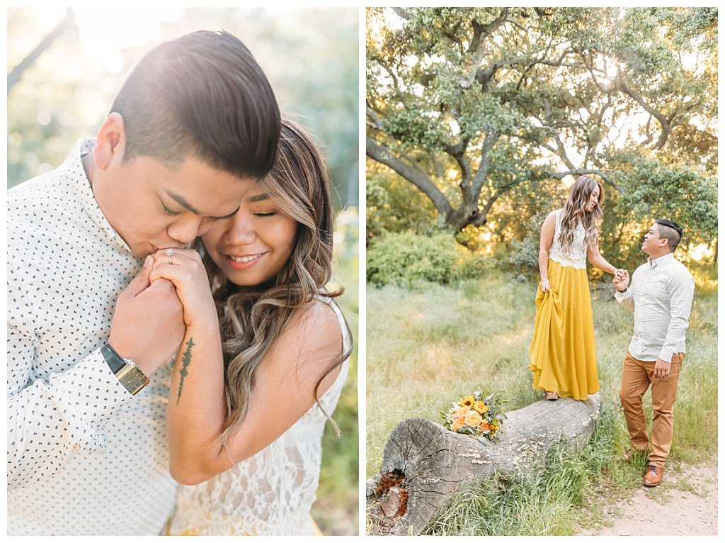 thousand oaks engagement, picnic engagement, in the woods, los angeles photographer, santa barbara photographer, couple in love, long yellow flowy dress, spring engagement photo session, los angeles engagement places; engagement outfits; gorgeous engagement session;